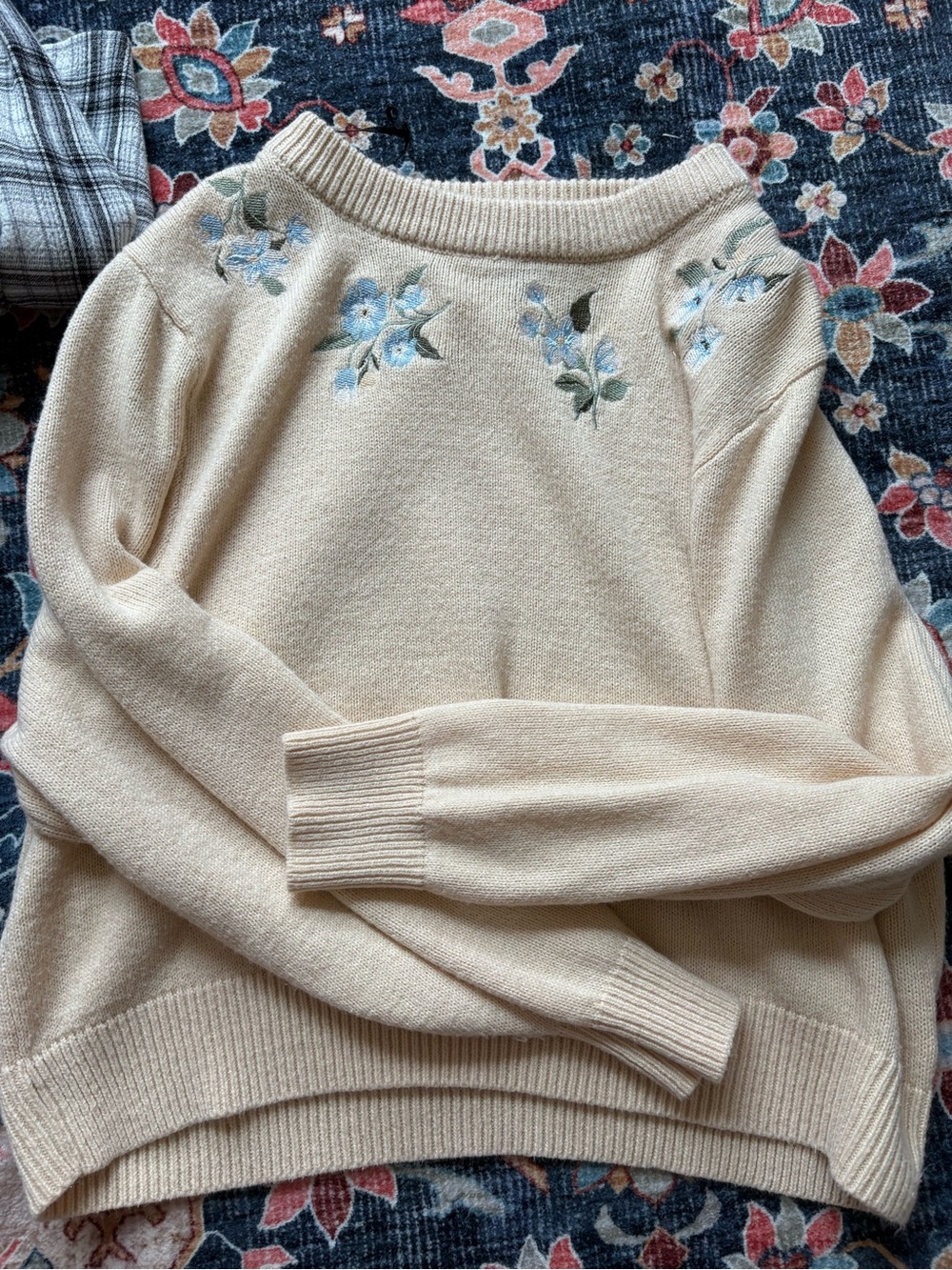 H&M Cream Sweater with Blue Floral Embroidery